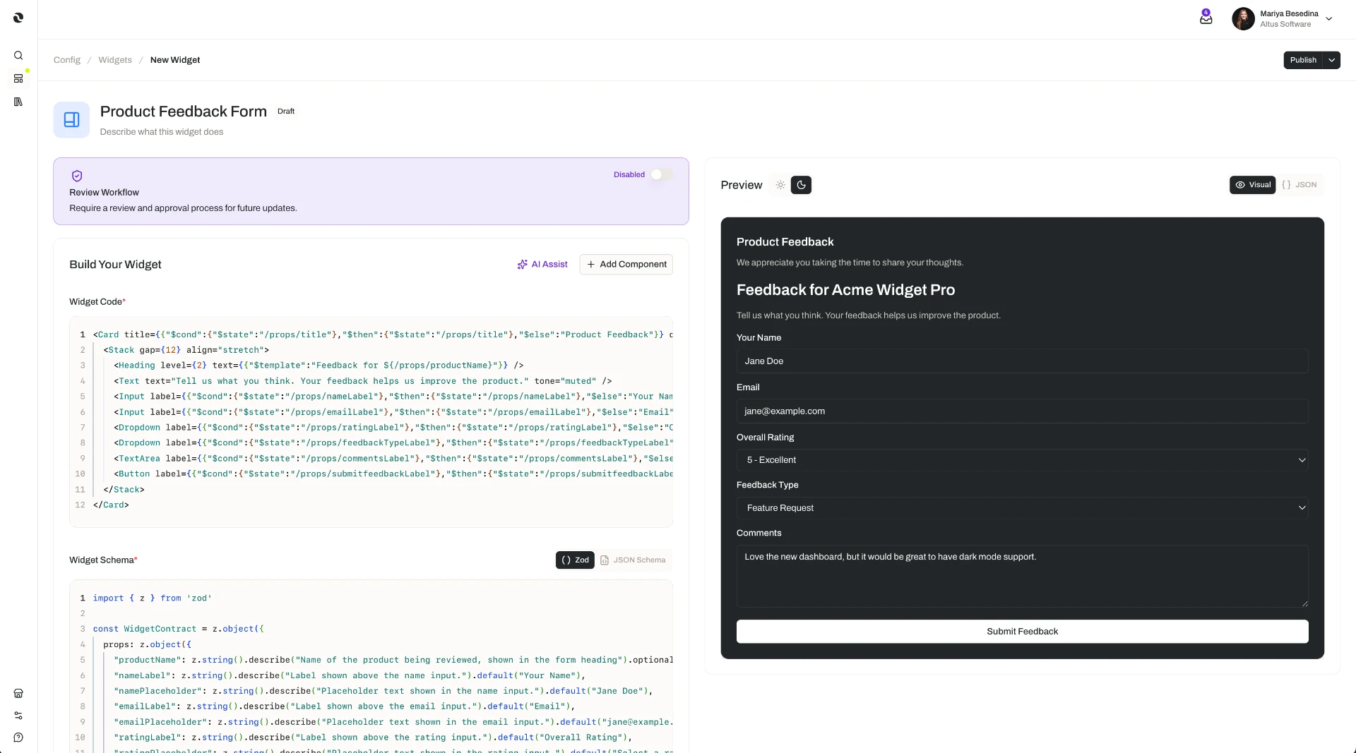 The Opal New Widget editor: a Product Feedback Form draft with a Review Workflow panel, a Build Your Widget section showing AI Assist and editable widget code, and a Widget Schema section with a Zod contract, alongside a live preview pane.