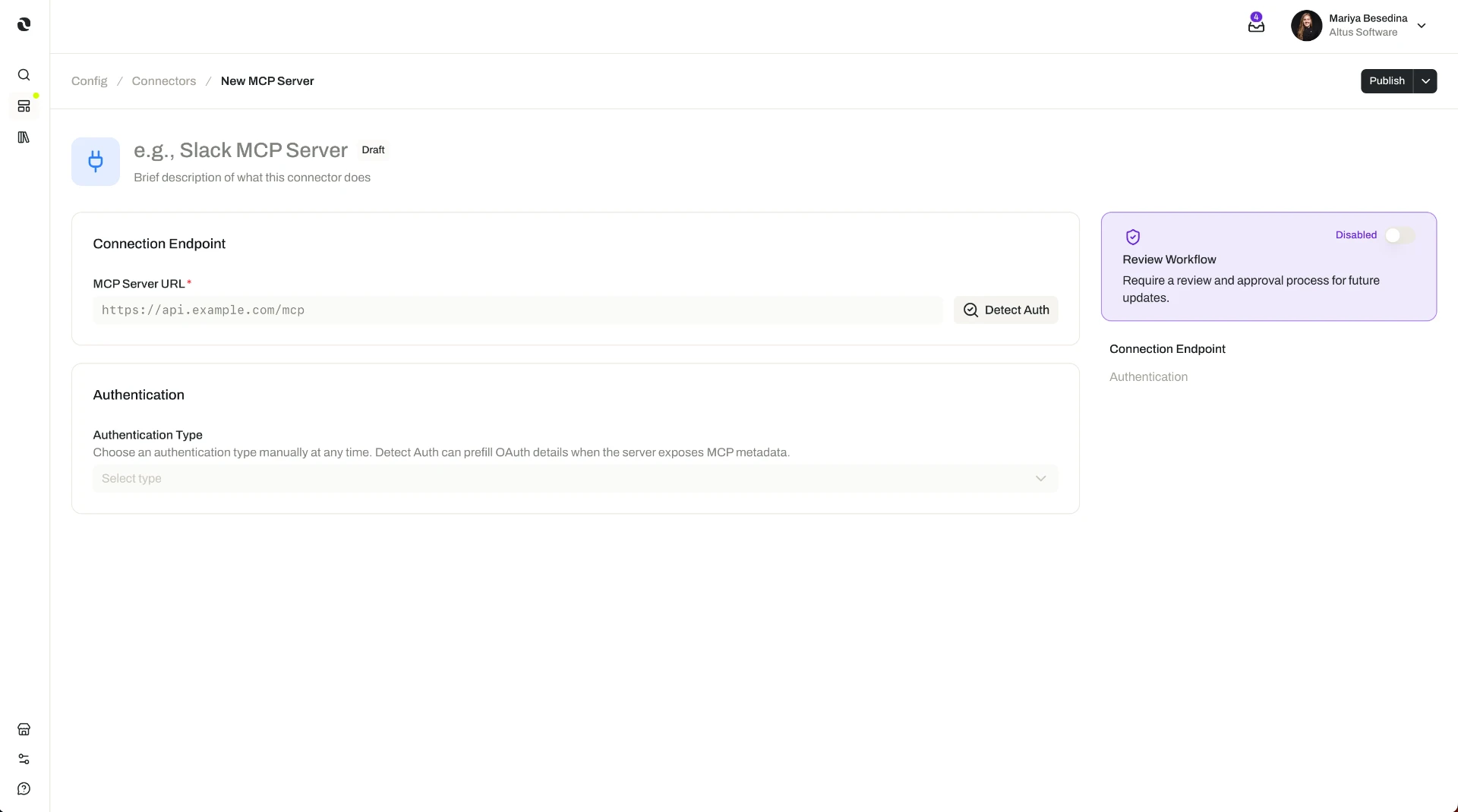 The Opal New MCP Server editor: a Connection Endpoint panel with an MCP Server URL field and a Detect Auth button, an Authentication panel with an Authentication Type dropdown, and a Review Workflow panel alongside a section navigation list.