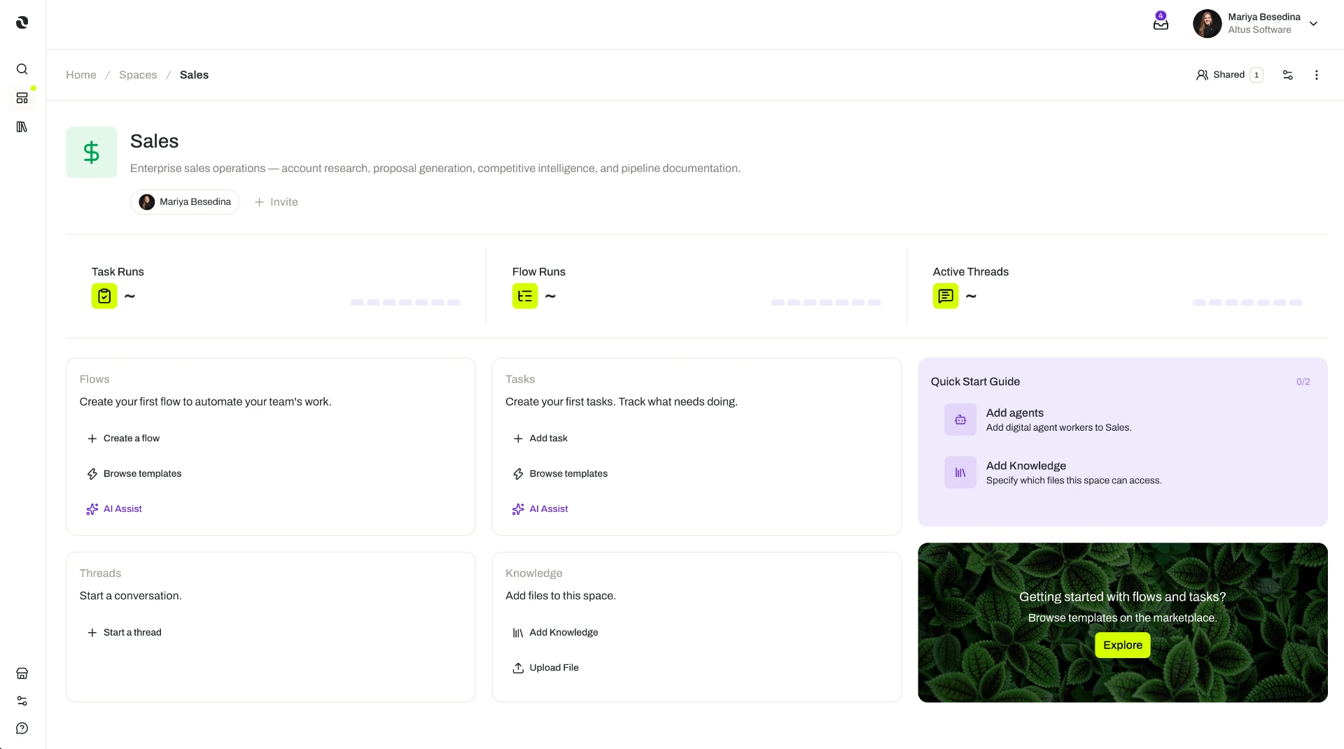A Sales space in Opal showing its overview, metrics, and the Flows, Tasks, Threads, and Knowledge cards where the space's work lives