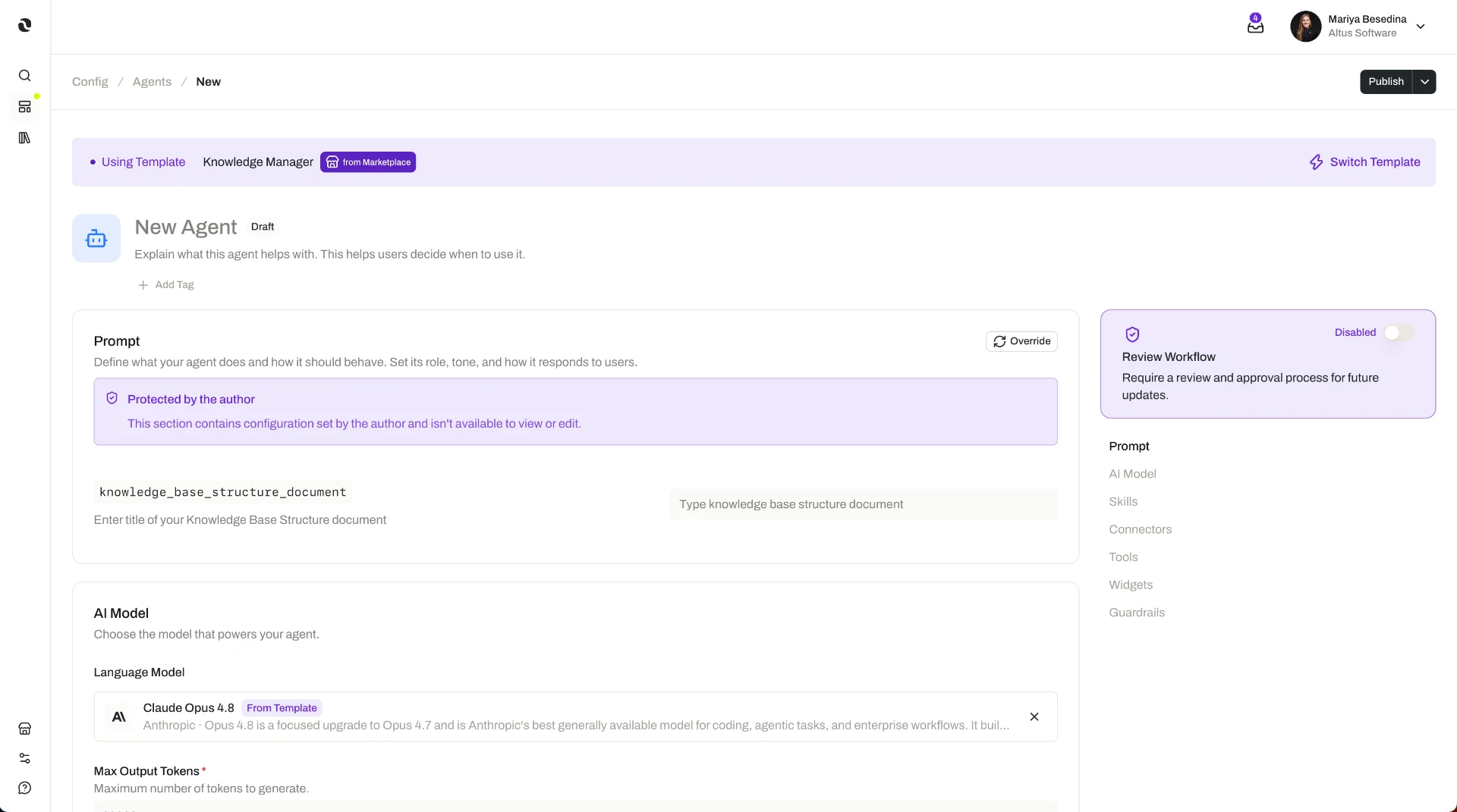 New Agent configuration in the Opal dashboard created from a template, showing a 'Using Template' banner, a protected prompt, and an AI model inherited from the template
