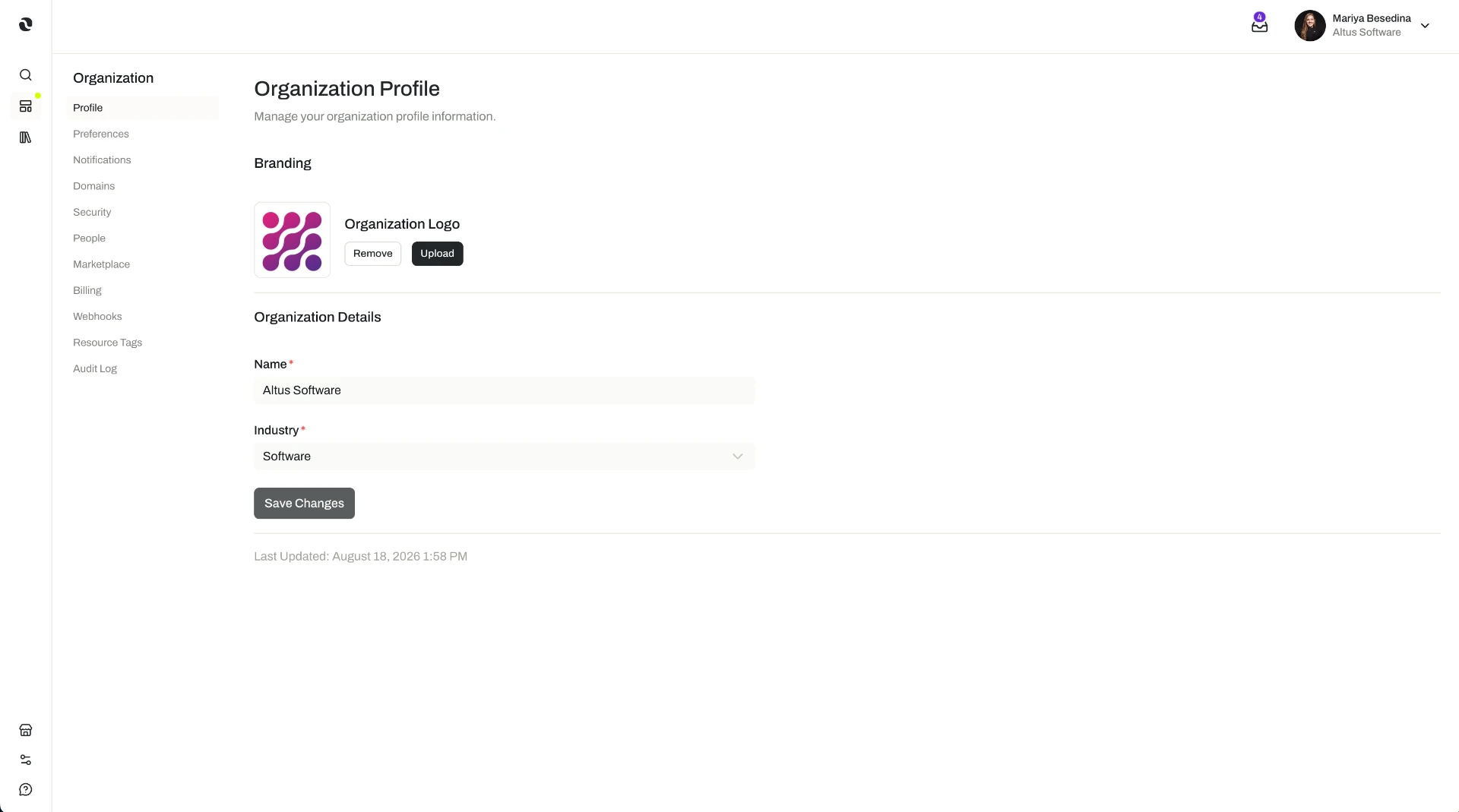 The Organization Profile page in Organization Settings, showing the branding logo, organization name, and industry