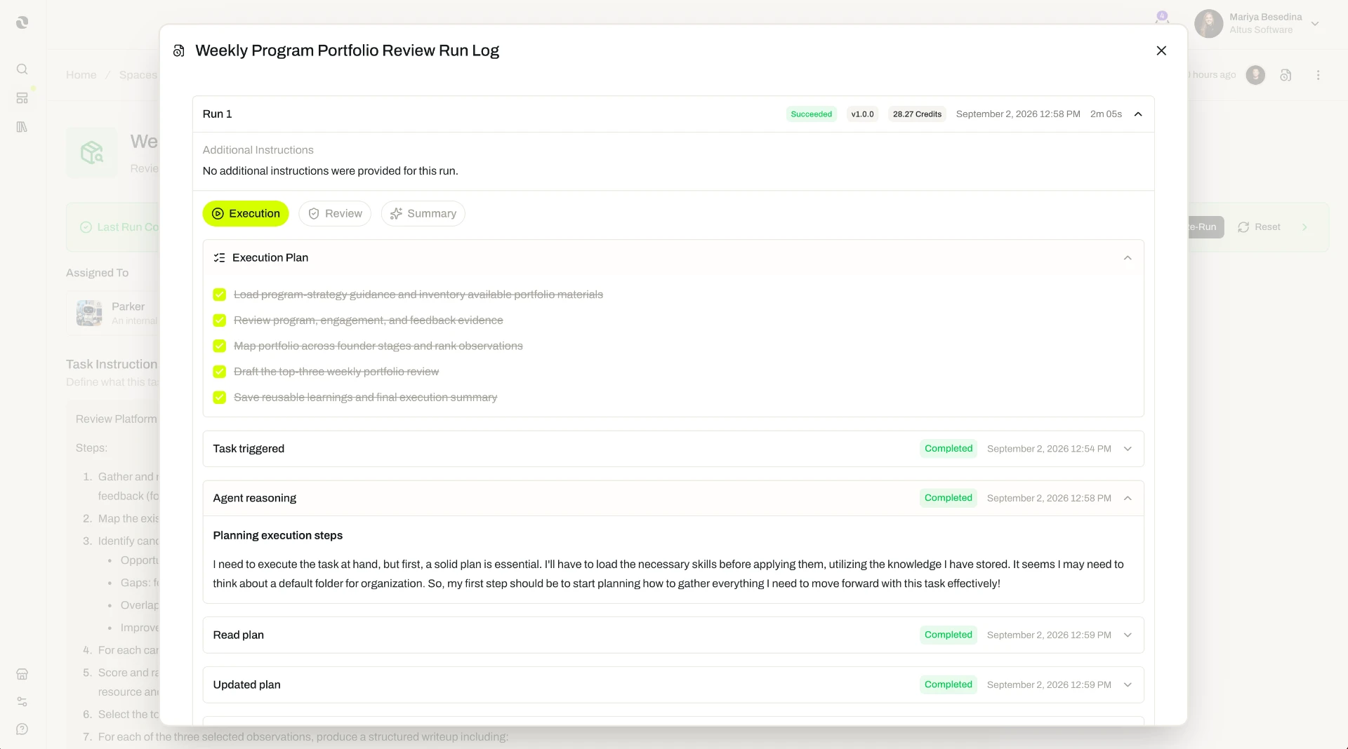 A task Run Log modal showing a weekly report run with a Succeeded status, an execution-plan checklist, and a per-step execution timeline.