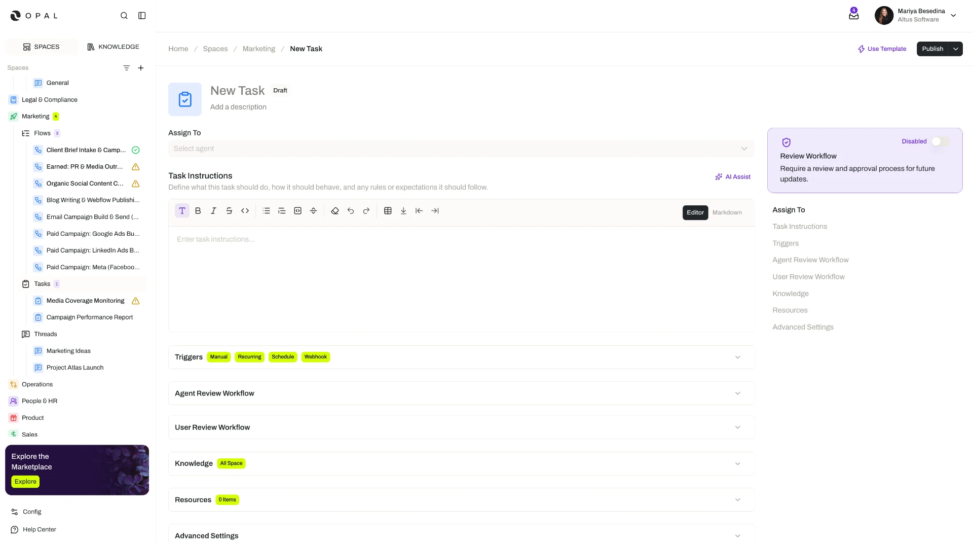 A New Task form in the Marketing space, with an assignee selector, task instructions editor, and Manual, Recurring, Schedule, and Webhook trigger tags, plus collapsed agent and user review workflow sections