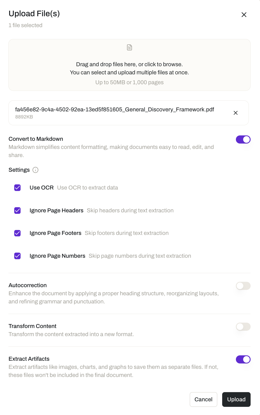 The Opal Upload File(s) dialog showing a drag-and-drop drop zone, a selected PDF, and processing options including Convert to Markdown with OCR and page-header/footer/number skipping, Autocorrection, Transform Content, and Extract Artifacts, plus Cancel and Upload buttons.