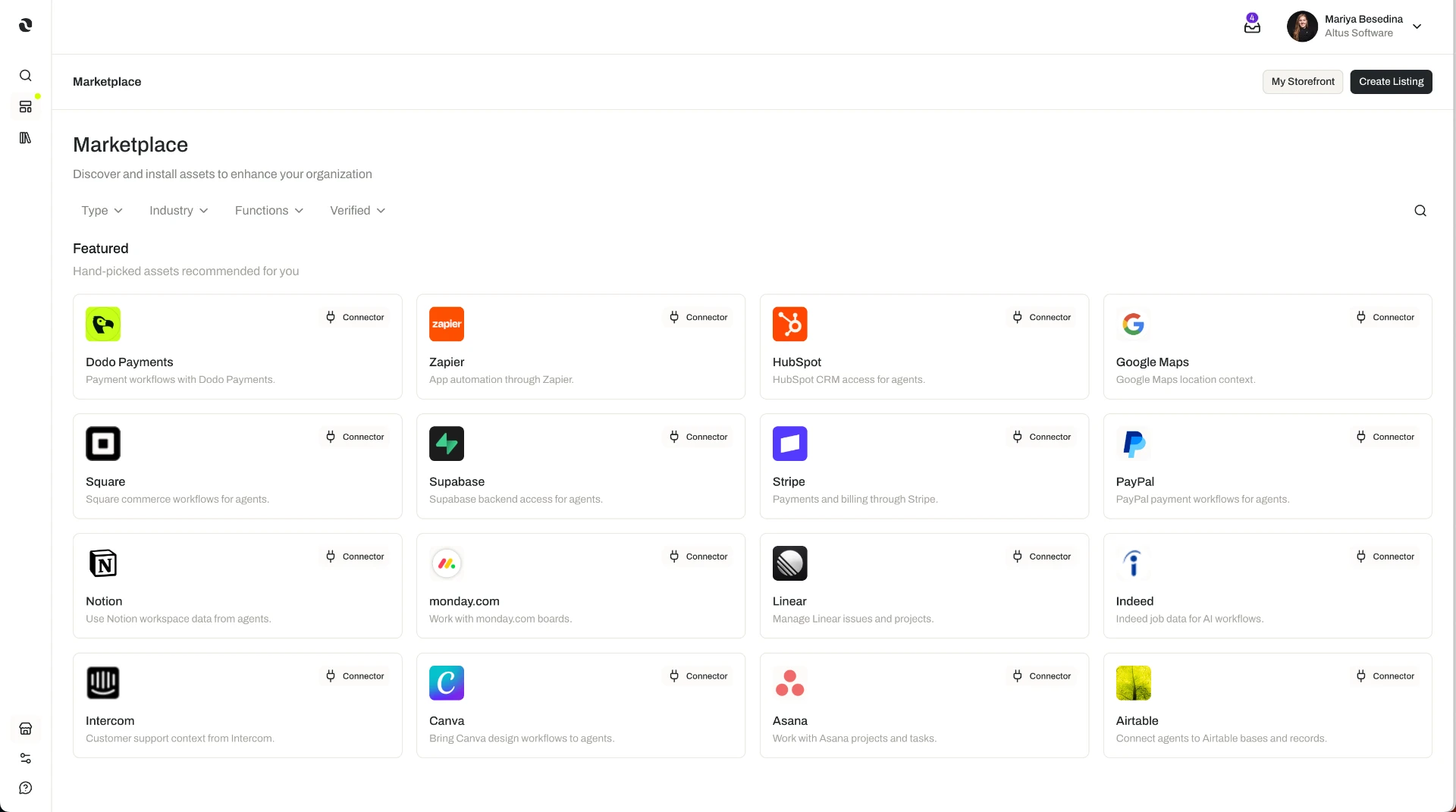 The Marketplace discovery page in the Opal dashboard, showing search, type and verification filters, and a grid of featured listing cards