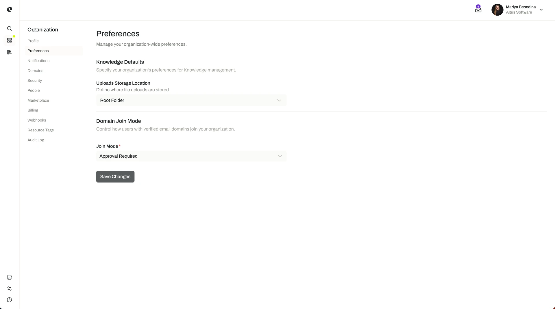 The Preferences tab of Organization Settings in the Opal dashboard, showing knowledge defaults, uploads storage location, root folder, and domain join mode settings.