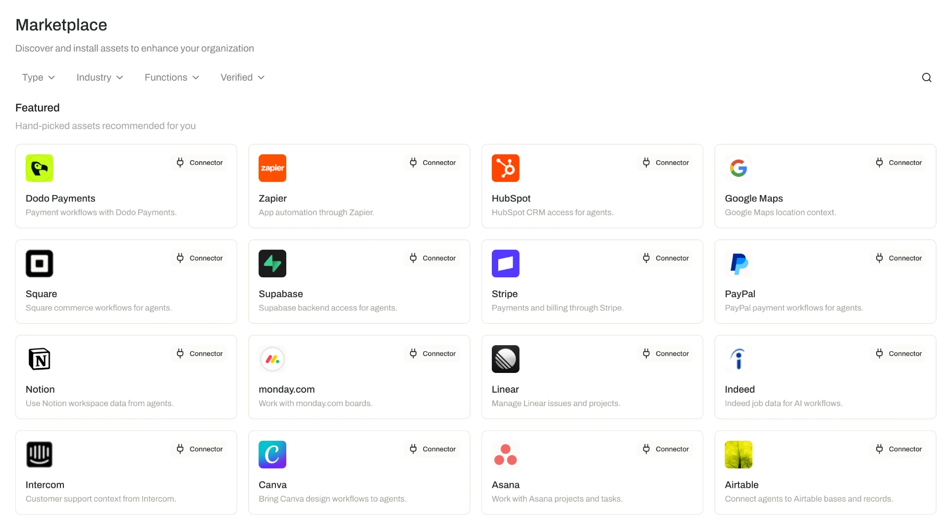 The Opal Marketplace showing featured assets and filter controls