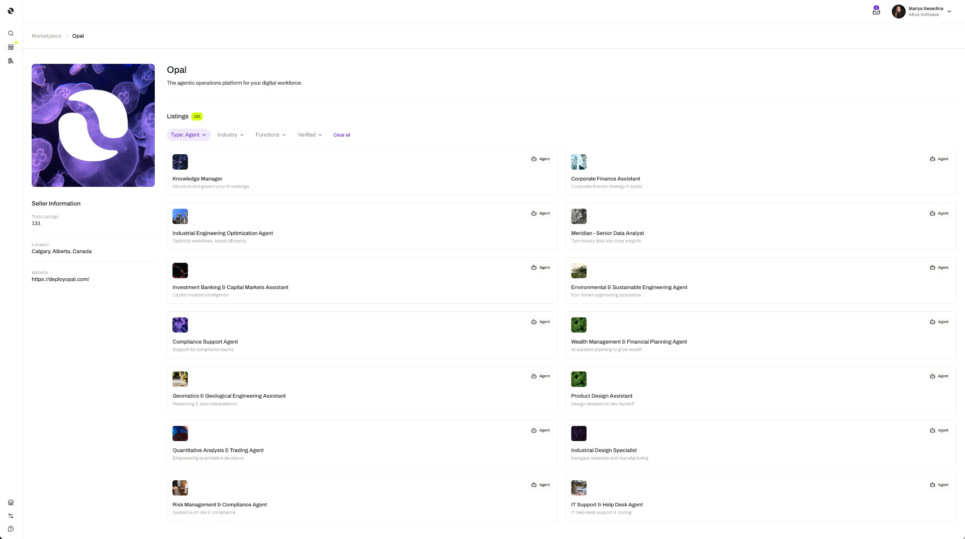 A public marketplace profile for Opal in the dashboard, showing the organization name, description, seller information, and its published listings