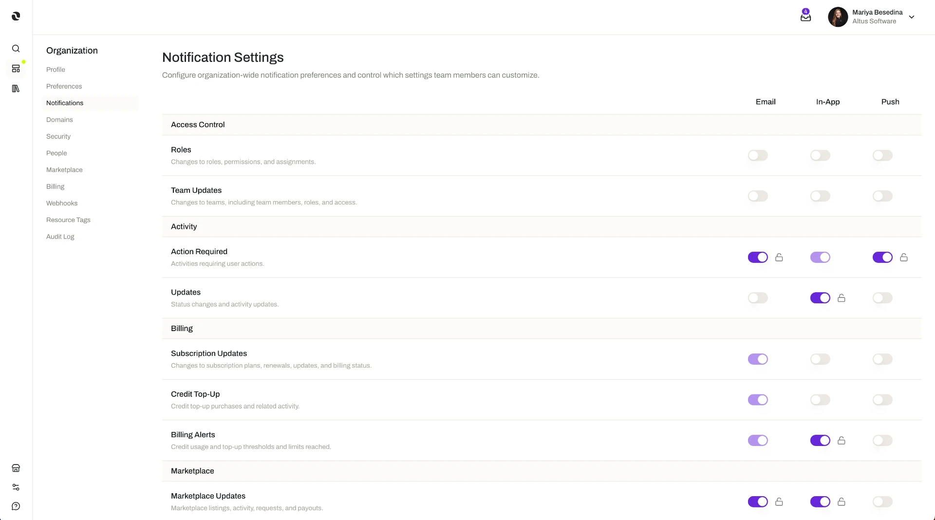 The Notification Settings page of Organization Settings in the Opal dashboard, showing email, in-app, and push toggles grouped under Access Control, Activity, Billing, and Marketplace, with some toggles locked at the organization level.