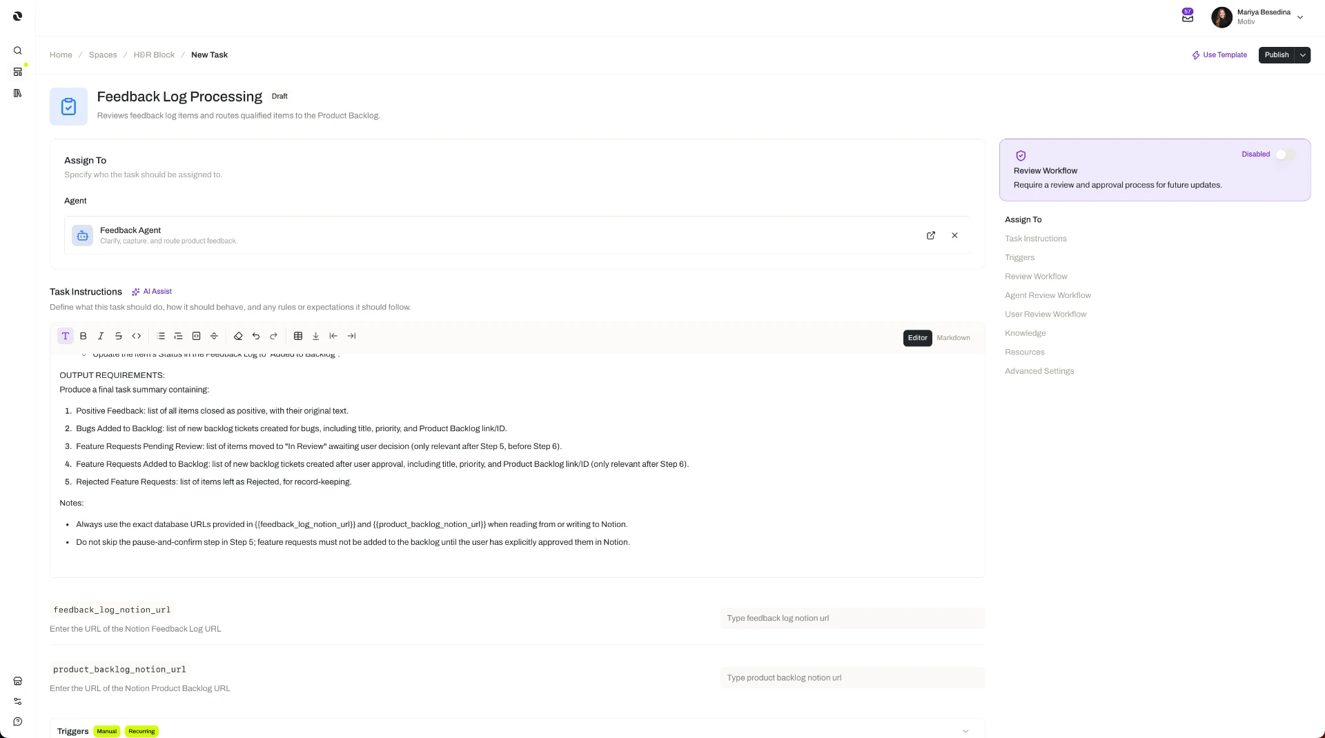 New Task configuration in the Opal dashboard created from a template, showing a pre-filled Feedback Log Processing task with an assigned Feedback Agent, templated instructions, Notion URL input fields, and manual and recurring triggers