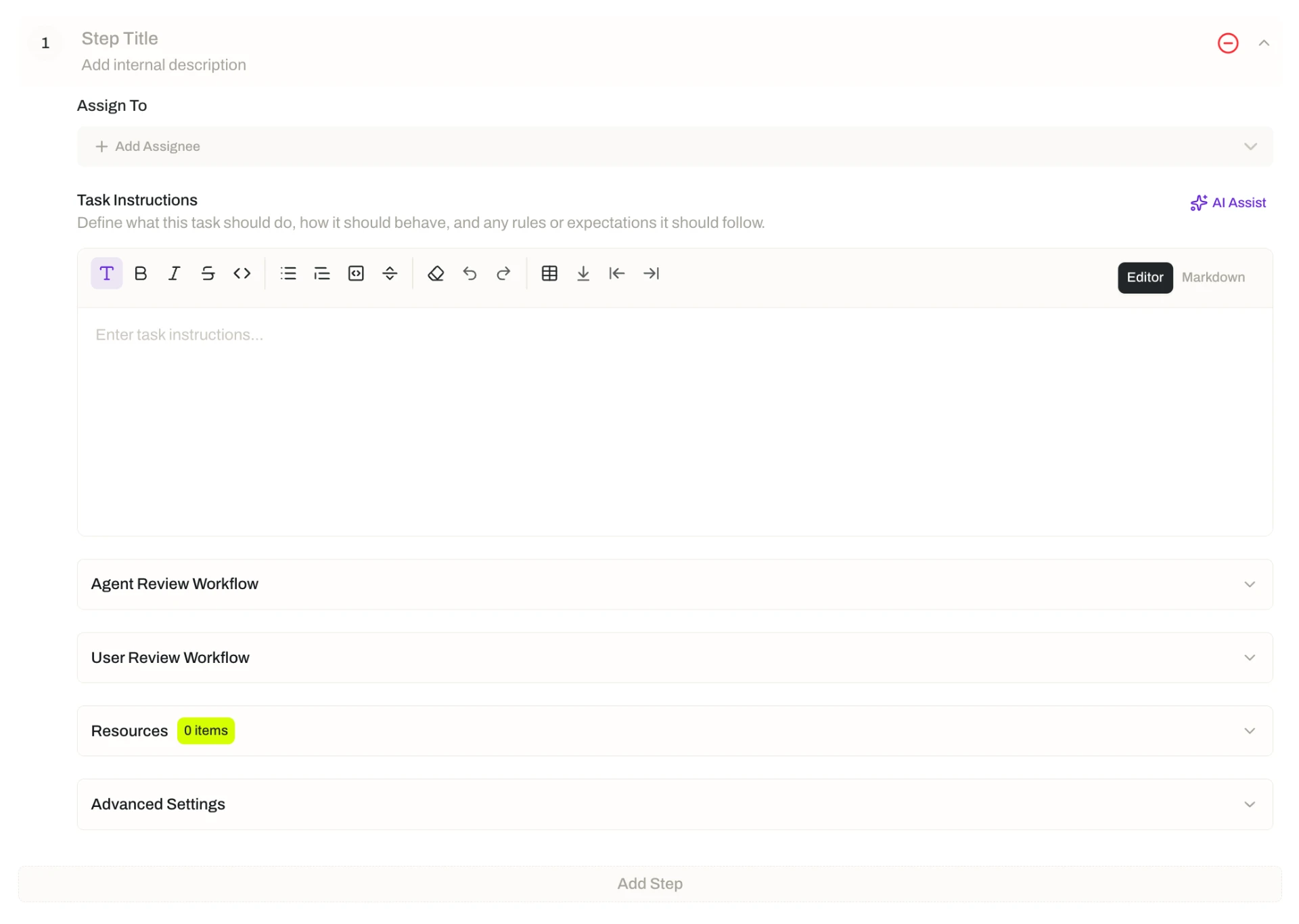 Opal flow step configuration form, showing the step title and description, an Assign To field, a rich-text task instructions editor with an AI Assist button, and collapsible sections for Agent Review Workflow, User Review Workflow, Resources, and Advanced Settings
