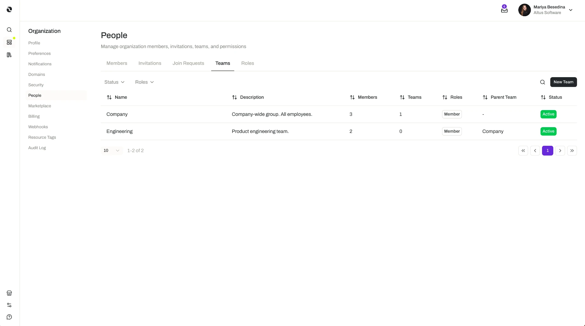 Organization Settings showing the Teams tab, with the Company and Engineering teams listed in the teams table.