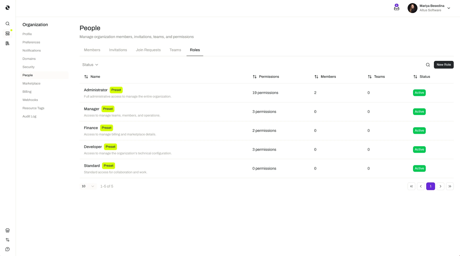 The Roles tab in Organization Settings showing a table of roles with their permissions, member counts, team counts, and status, plus a New Role button.