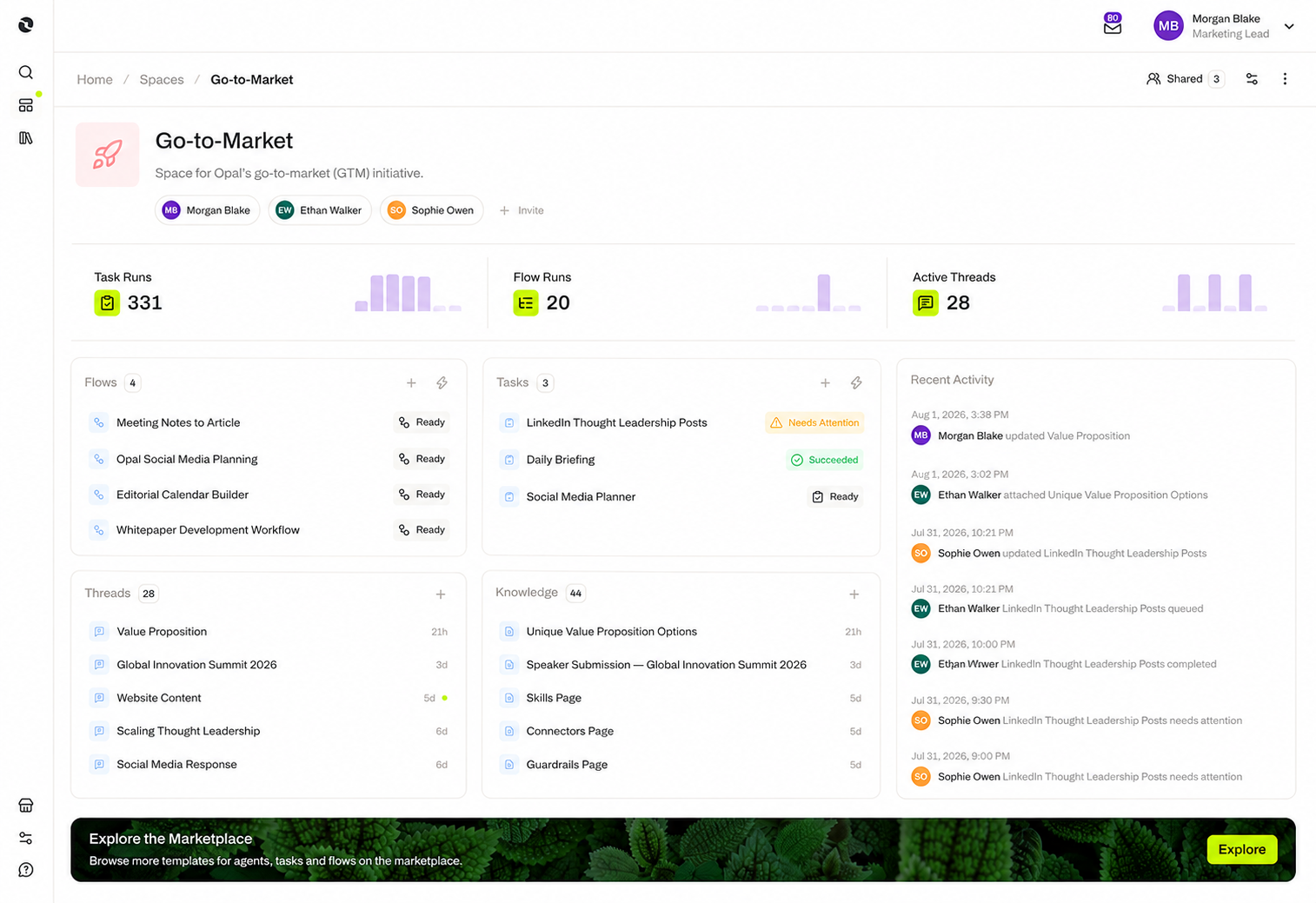 Opal Space overview showing flows, tasks, threads, knowledge, and recent activity