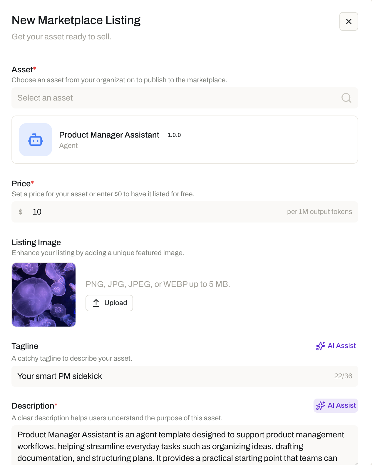 The New Marketplace Listing modal in the Opal dashboard, showing the selected asset, its pricing unit, and a price set in credits