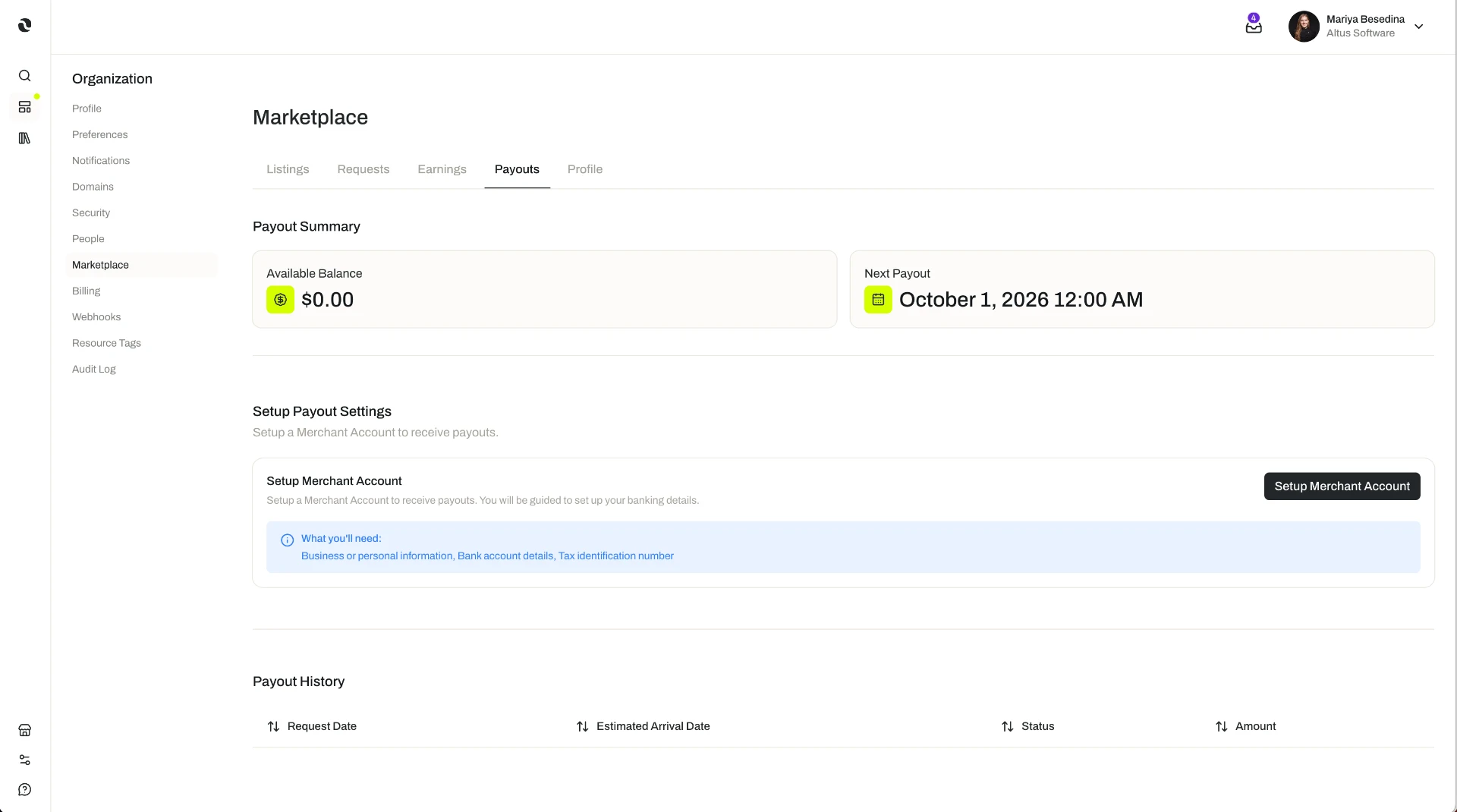The Payouts tab of Organization Settings in the Opal dashboard, showing available balance, next payout, setup for the merchant account, and payout history