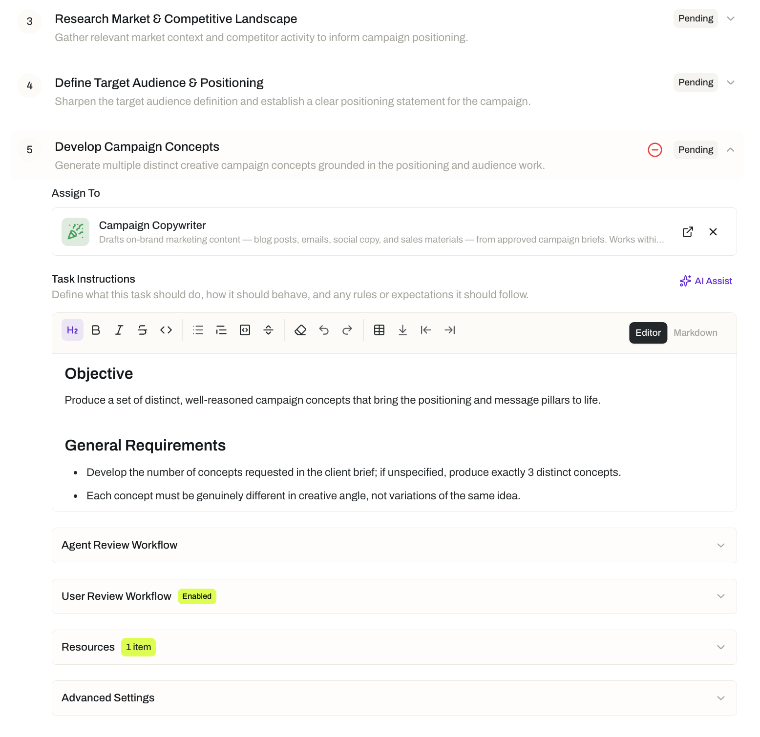 A single flow step expanded in the flow editor: the assigned Campaign Copywriter agent, the task-instructions rich-text editor, and collapsed Agent Review, User Review, Resources, and Advanced Settings panels.