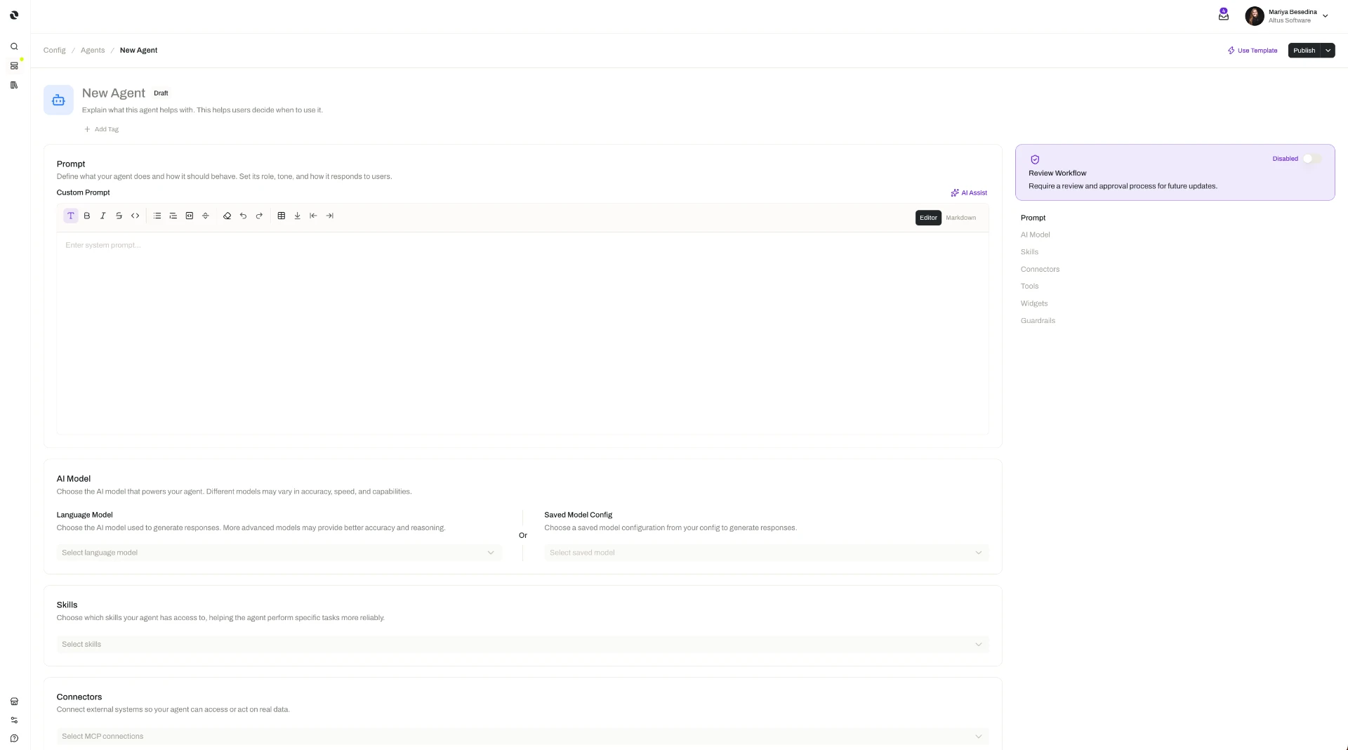 The New Agent configuration screen, with the prompt editor, AI model and model config pickers, skills and connectors fields, and a guardrails sidebar