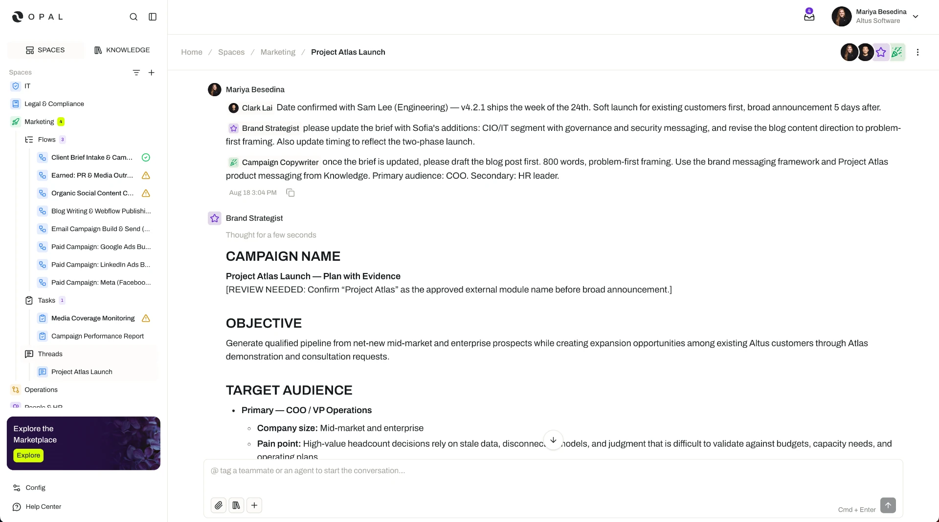 A thread where a person tags the Brand Strategist and Campaign Copywriter agents in one message, and the Brand Strategist responds first with an updated campaign brief.