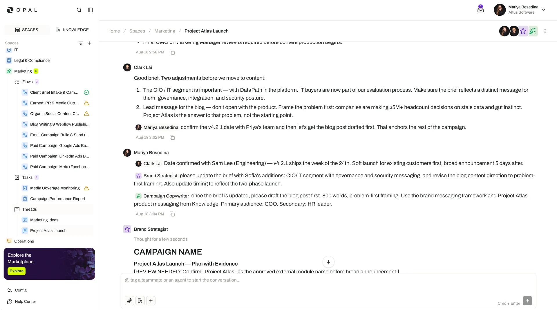 An Opal shared thread where a research agent and a drafting agent respond in the order they were tagged in a single message.