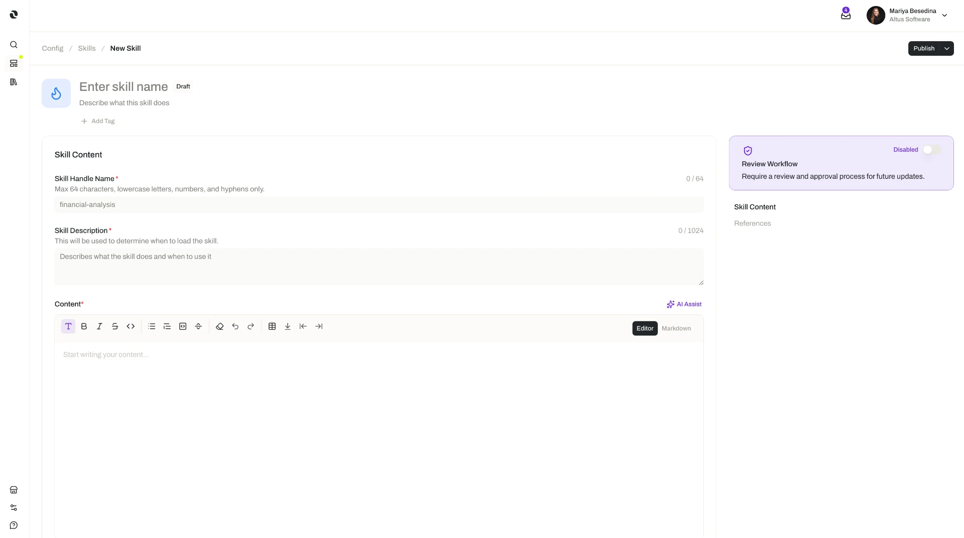 The Opal New Skill editor: a rich-text Skill Content area with a skill handle, description, and content editor, alongside a review workflow panel and references list.
