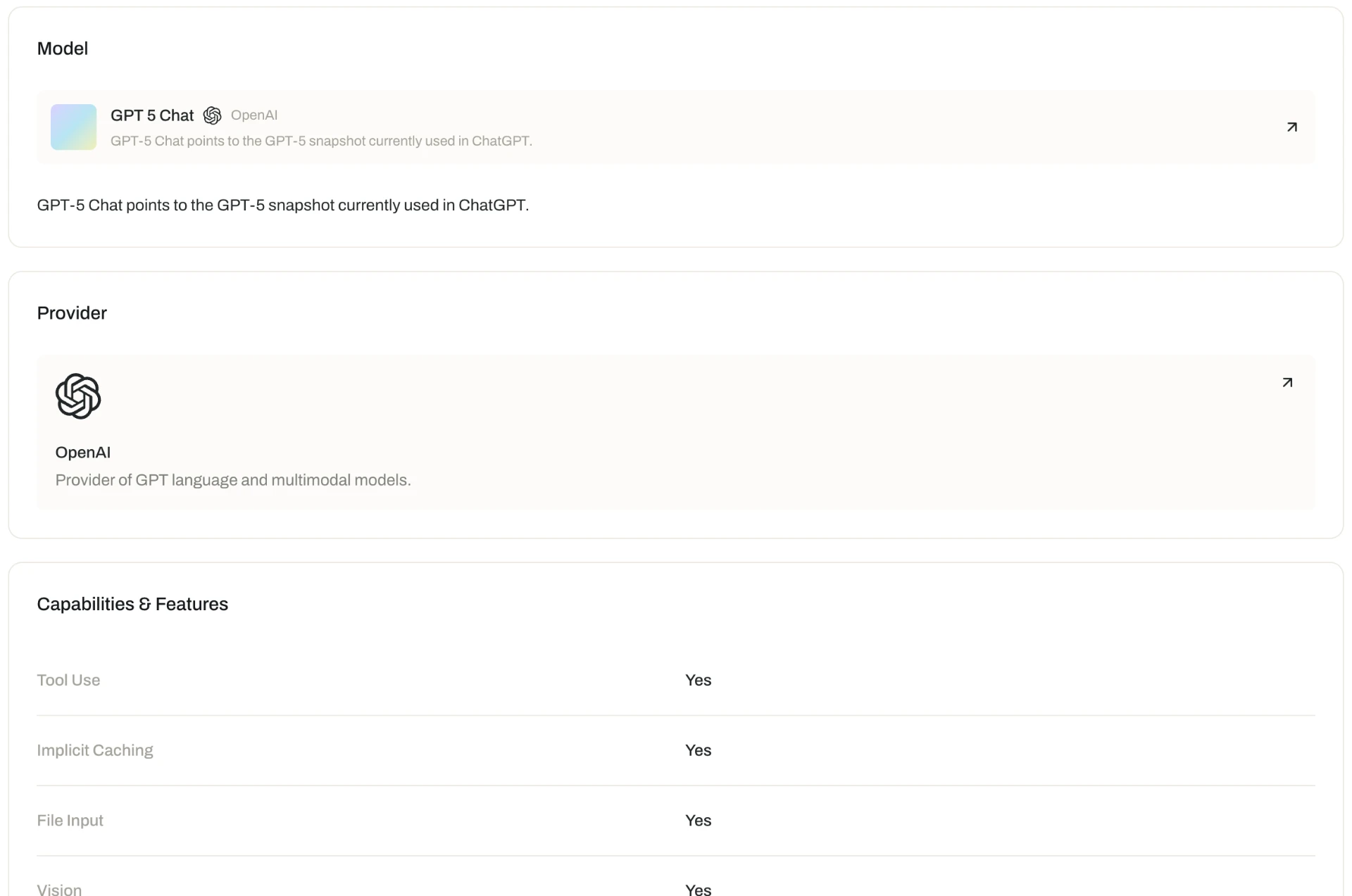 The Opal model detail view for GPT-5 Chat: the model card with provider and description, the provider card, and a capabilities and features list showing tool use, implicit caching, file input, and vision.
