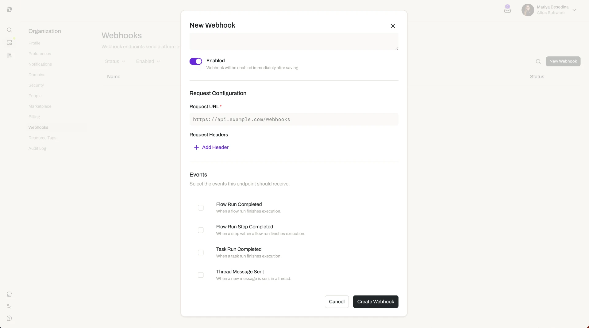 The New Webhook modal in Organization Settings, showing the enabled toggle, the request URL and headers, and the list of platform events to subscribe to.