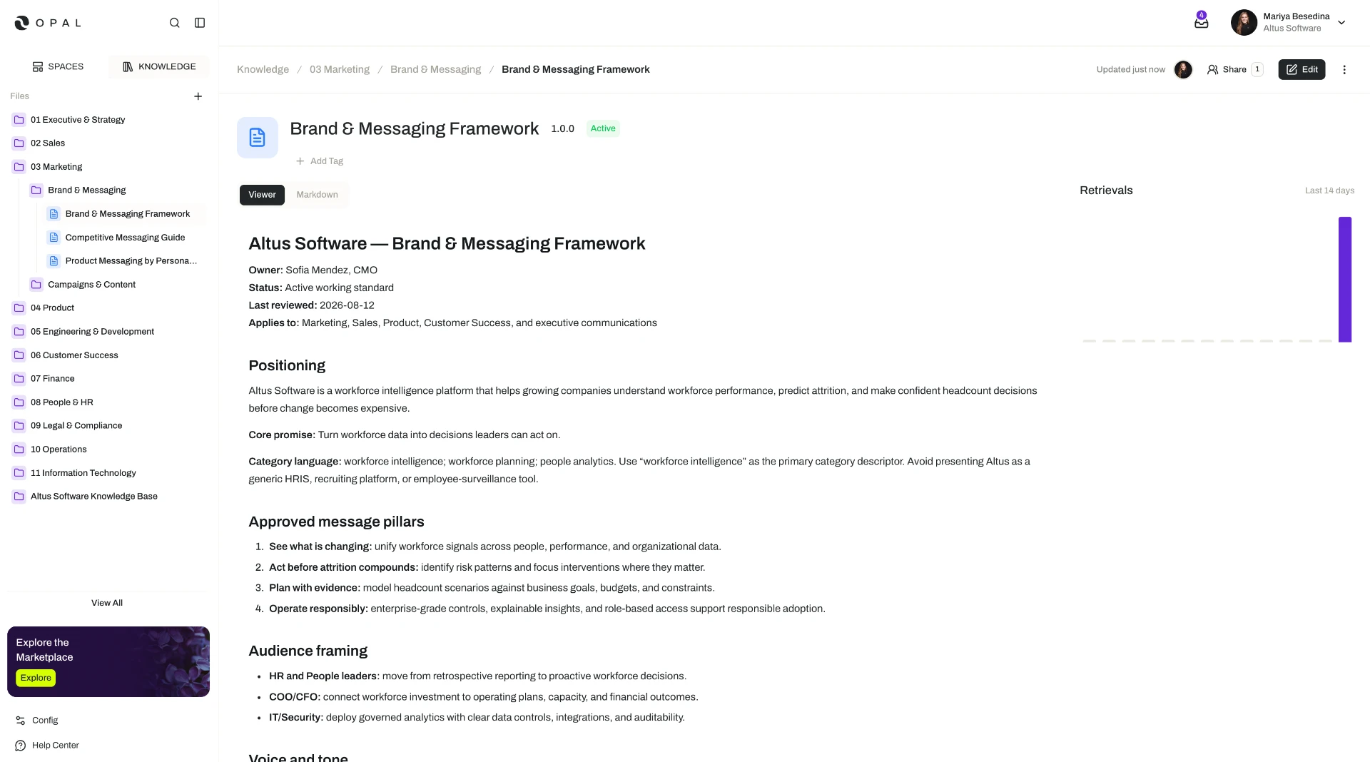 The Opal Knowledge interface showing the folder structure on the left and a Brand & Messaging Framework document open in the file viewer on the right, with its version, status, and retrieval activity