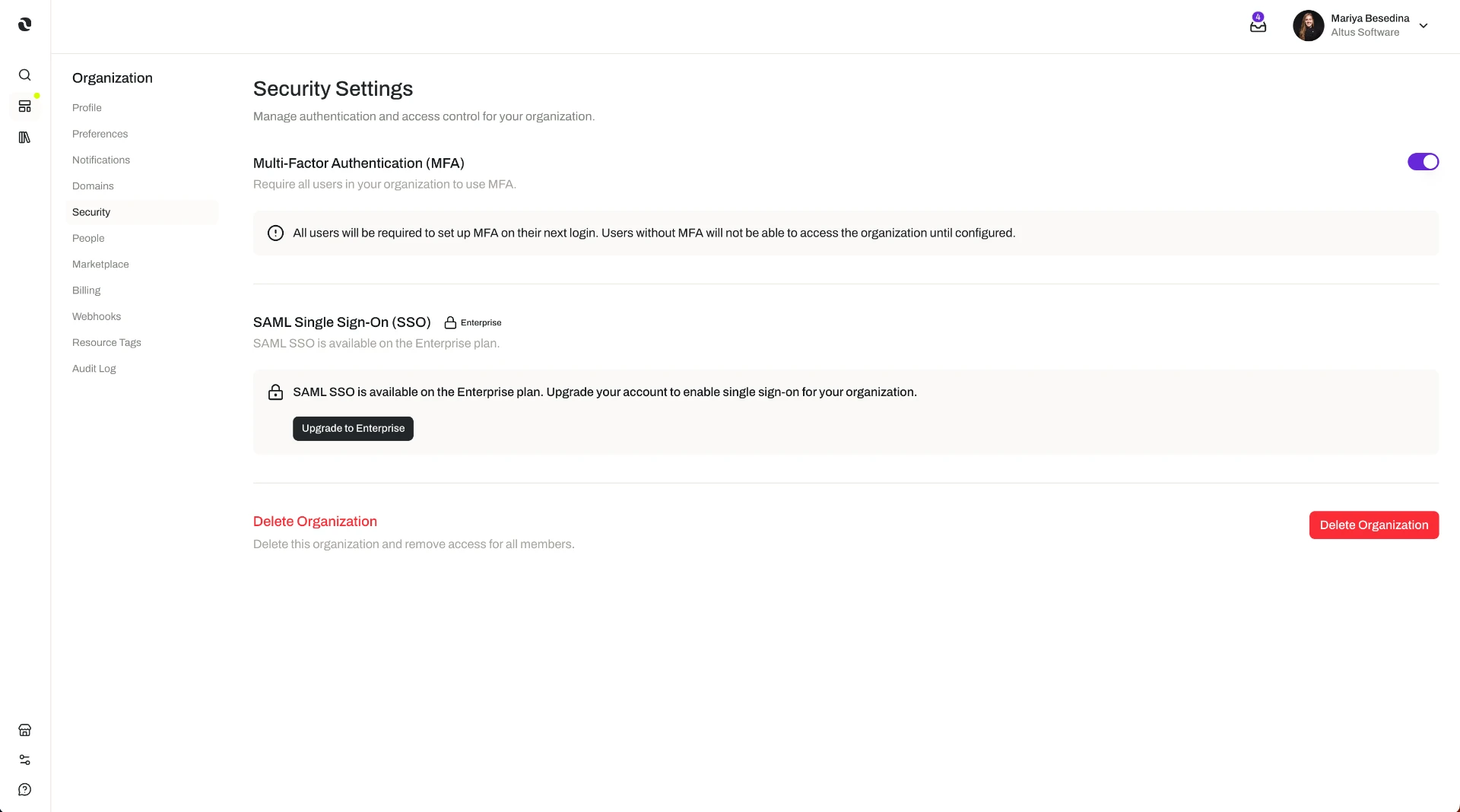 The Security Settings page in Organization Settings, showing an enforced multi-factor authentication toggle turned on, SAML single sign-on available on the Enterprise plan with an upgrade button, and a delete organization control.