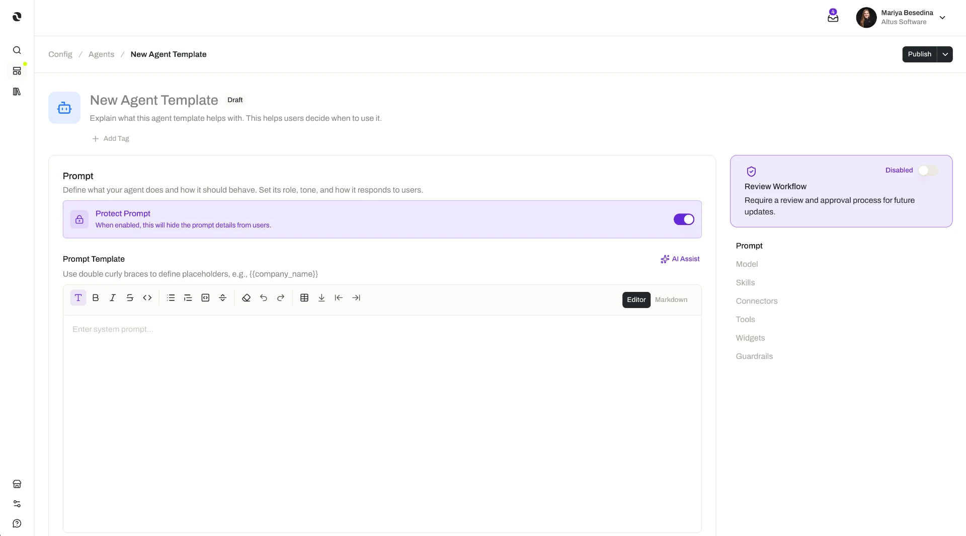 New Agent Template editor in the Opal dashboard showing the Prompt Template editor with placeholder syntax, the Protect Prompt toggle, and the capabilities rail