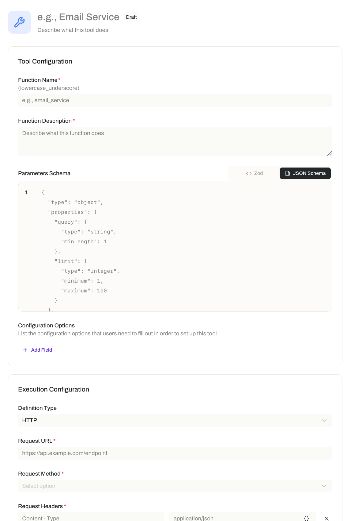 The Opal tool definition editor: a Tool Configuration card with a function name field, a function description, a JSON Schema parameters block, and a list of configuration options, plus an Execution Configuration card with an HTTP definition type, request URL, request method, and request headers.