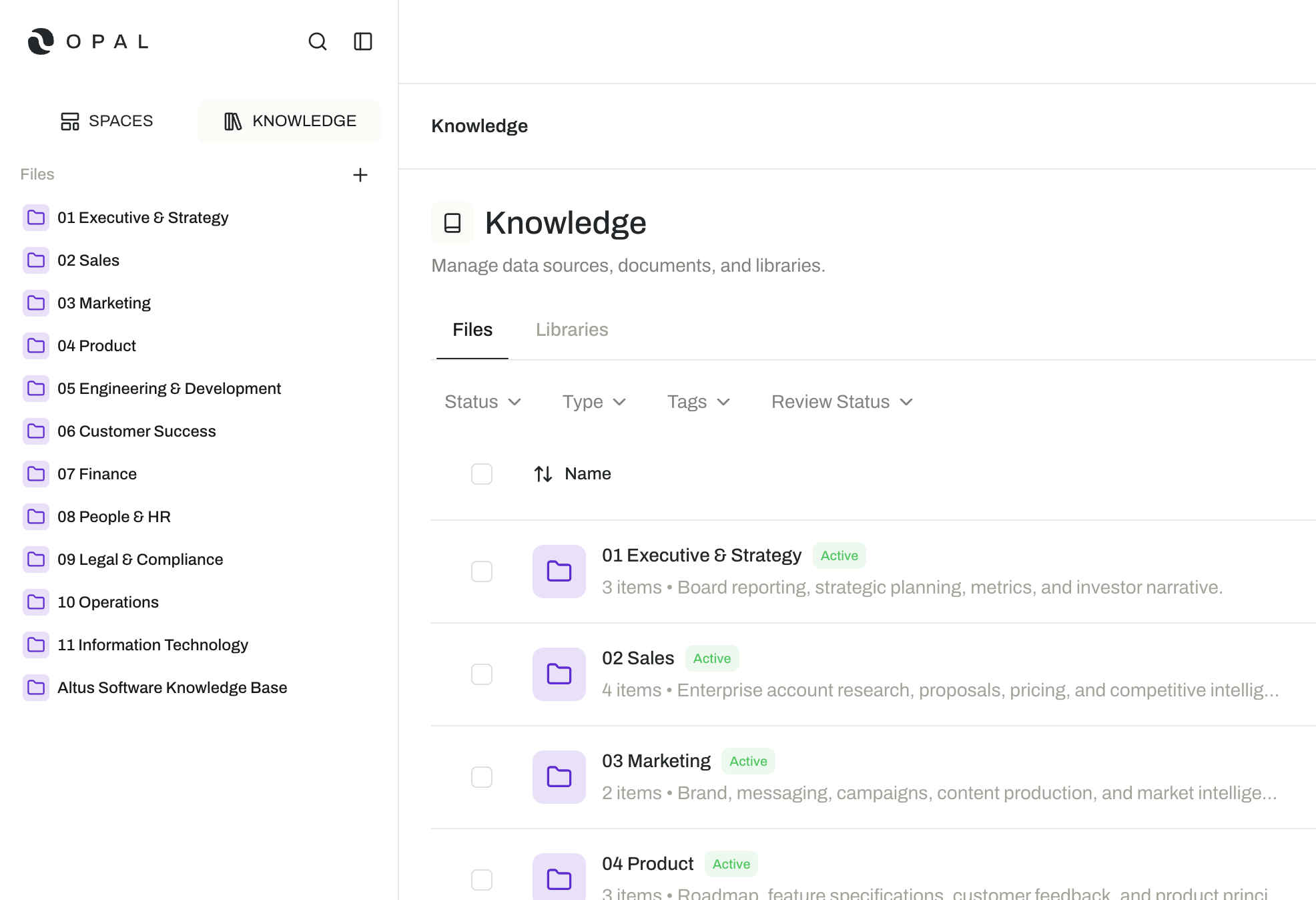The Knowledge area in Opal showing folders organized by department