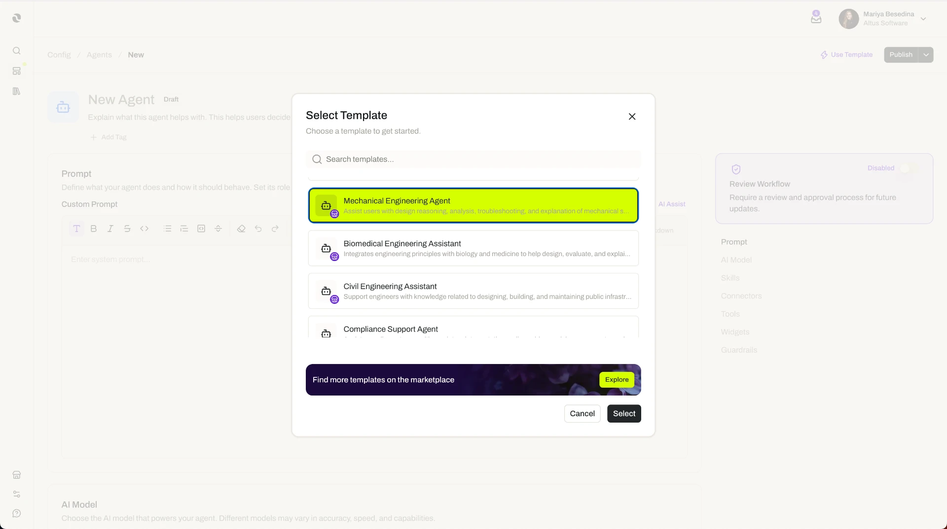 Select Template dialog in the Opal dashboard listing agent templates such as Mechanical Engineering Agent, Biomedical Engineering Assistant, and Compliance Support Agent