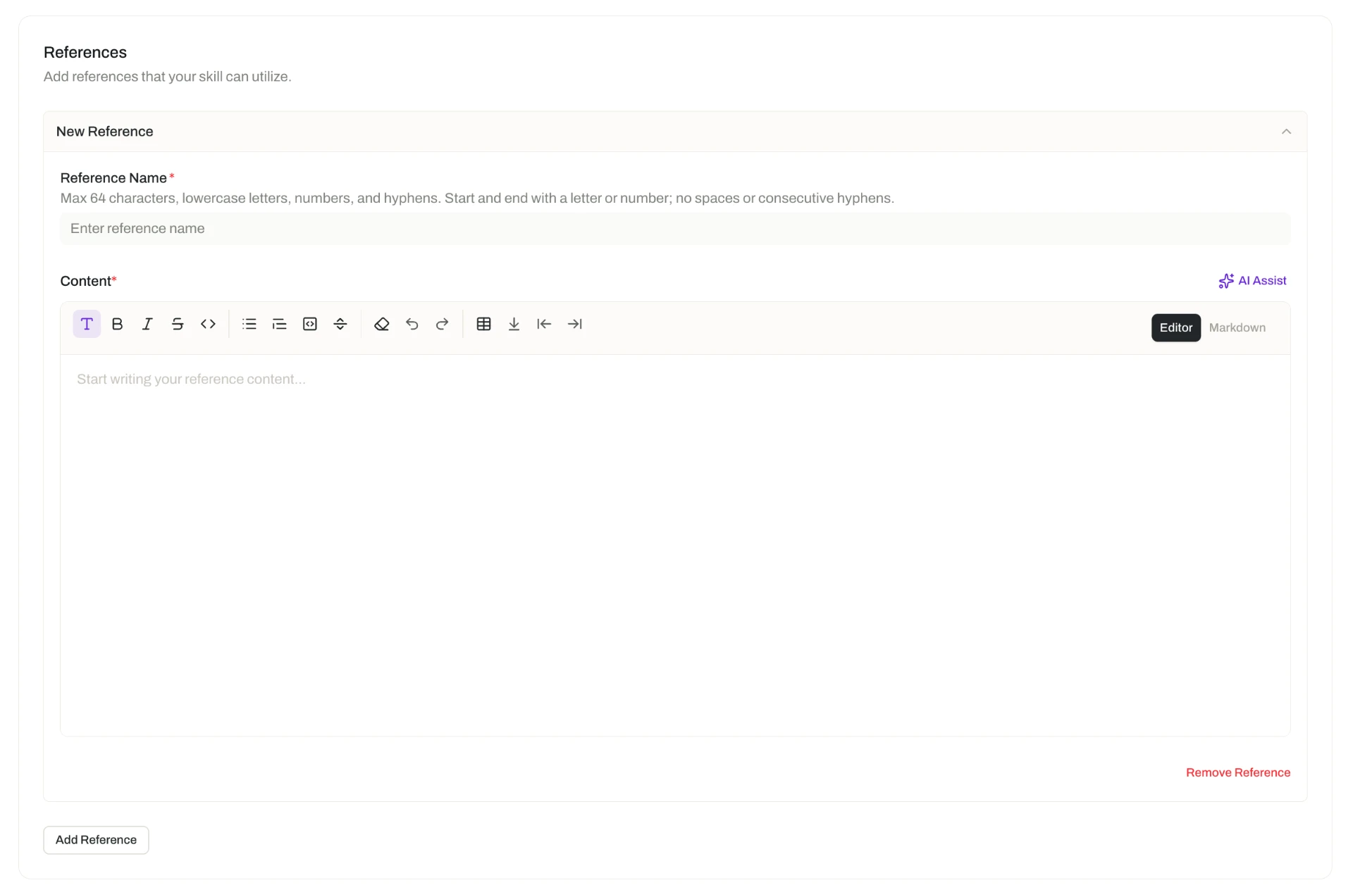 The Opal References panel: a New Reference card with a Reference Name field and a rich-text Content editor with an AI Assist button, plus an Add Reference button.