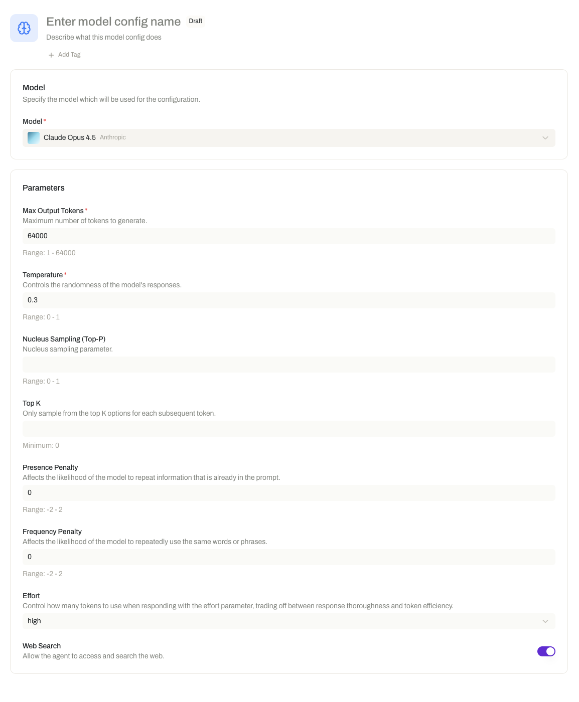 The Opal model config creation screen: a named config with a Draft badge, a Model dropdown selecting Claude Opus 4.5, and parameter fields for max output tokens, temperature, top-p, top-k, presence and frequency penalties, effort, and a web search toggle.