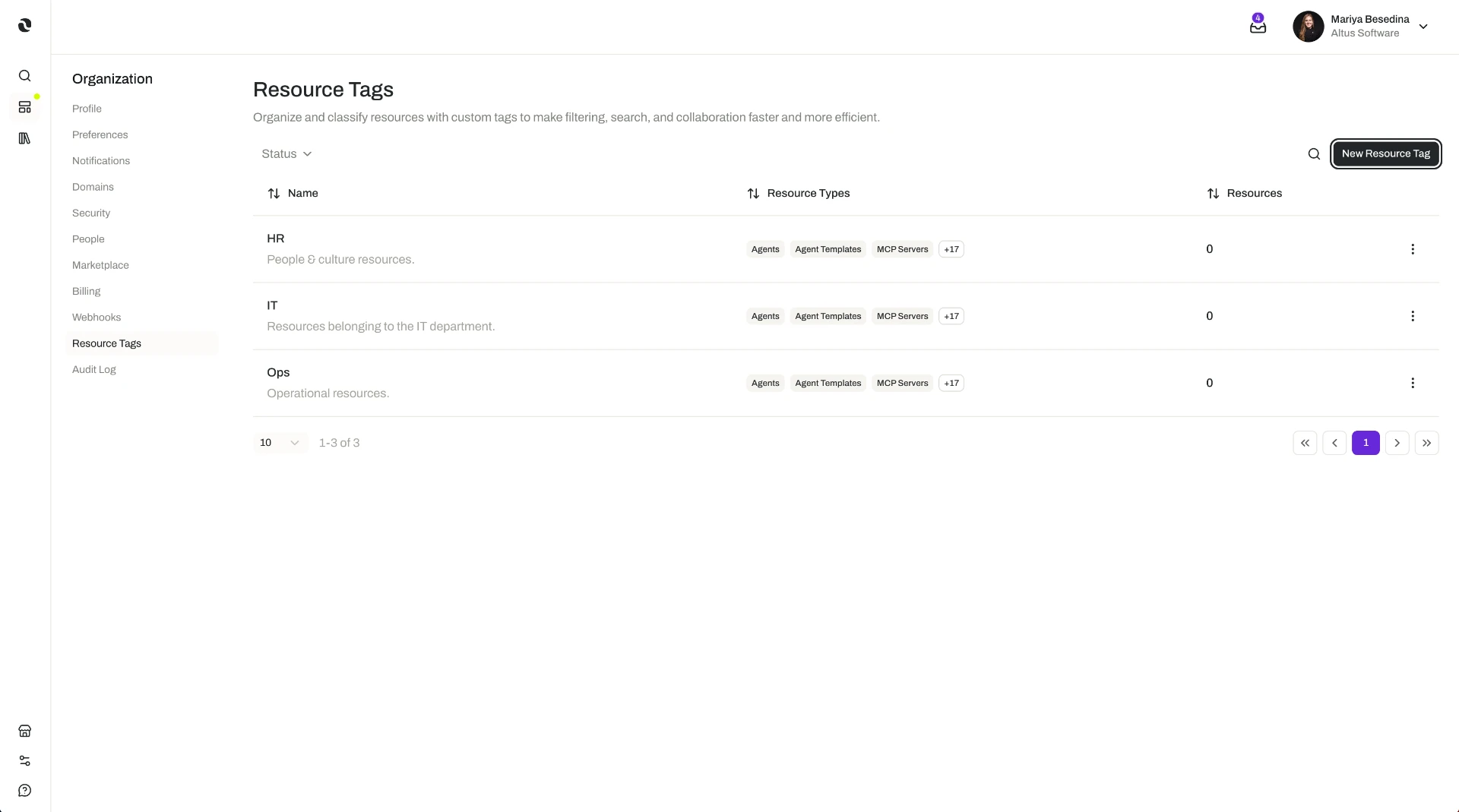 The Resource Tags section of Organization Settings, showing organization-defined tags with their applicable resource types and resource counts.