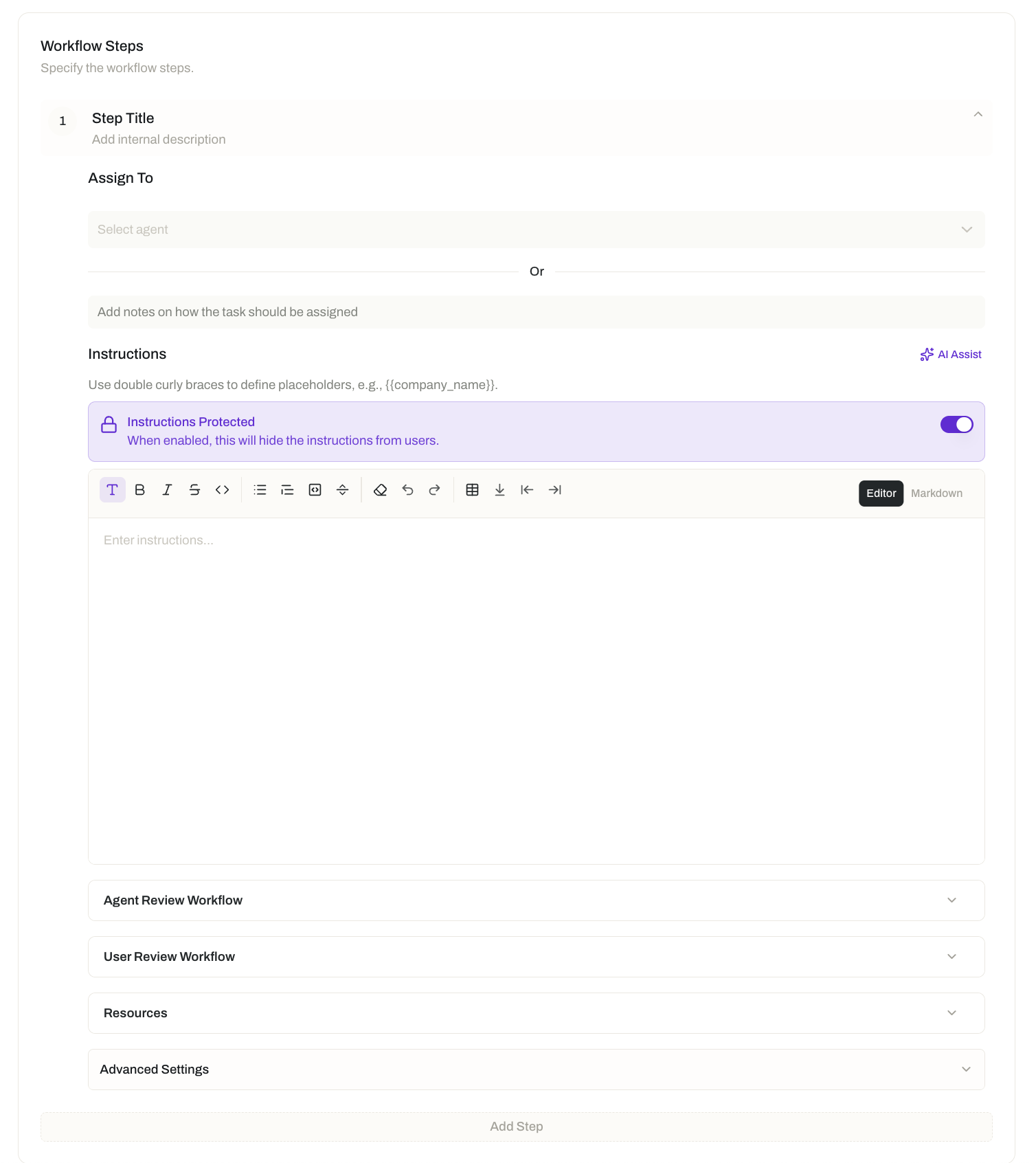 Flow template editor in the Opal dashboard showing a numbered Workflow Steps card with a Step Title, Assign To agent selector with an Or fallback note, an Instructions rich-text editor with AI Assist and the Instructions Protected toggle, plus collapsed Agent Review Workflow, User Review Workflow, Resources, and Advanced Settings panels