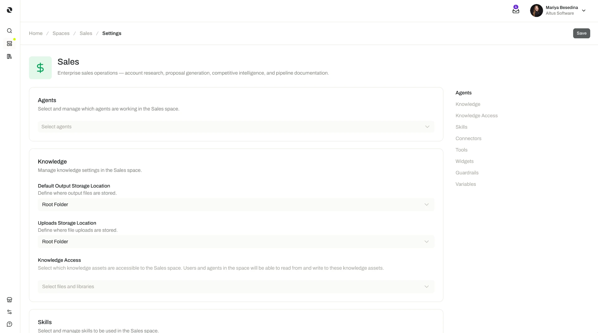 The Space Settings page for a Sales space, showing where agents, knowledge, skills, connectors, tools, widgets, and guardrails are configured for the space
