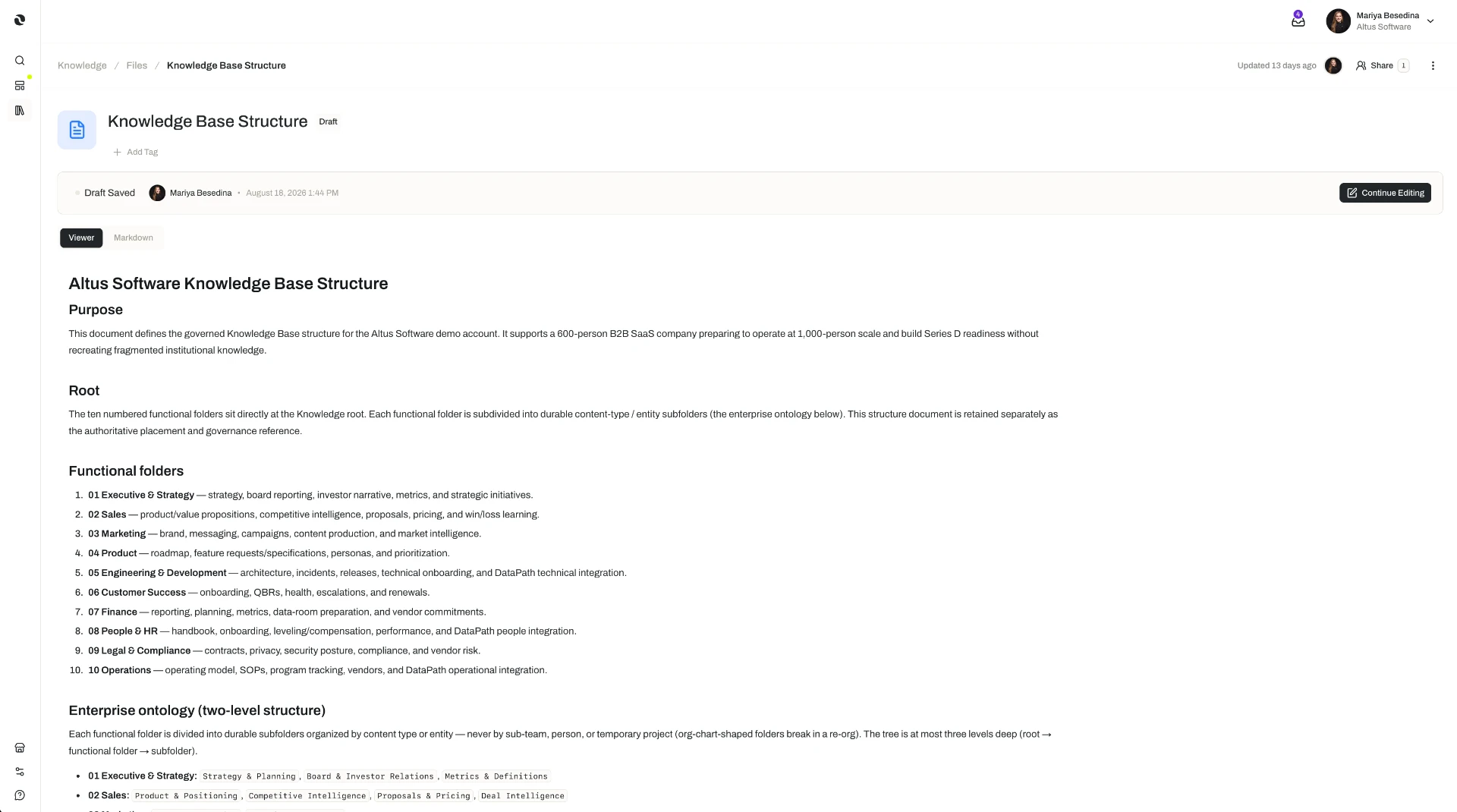 A Knowledge document titled 'Knowledge Base Structure' open in the Opal viewer, showing breadcrumbs, a Draft label, author and last-saved status, Viewer and Markdown tabs, and the document body with purpose, root, and functional-folder sections.