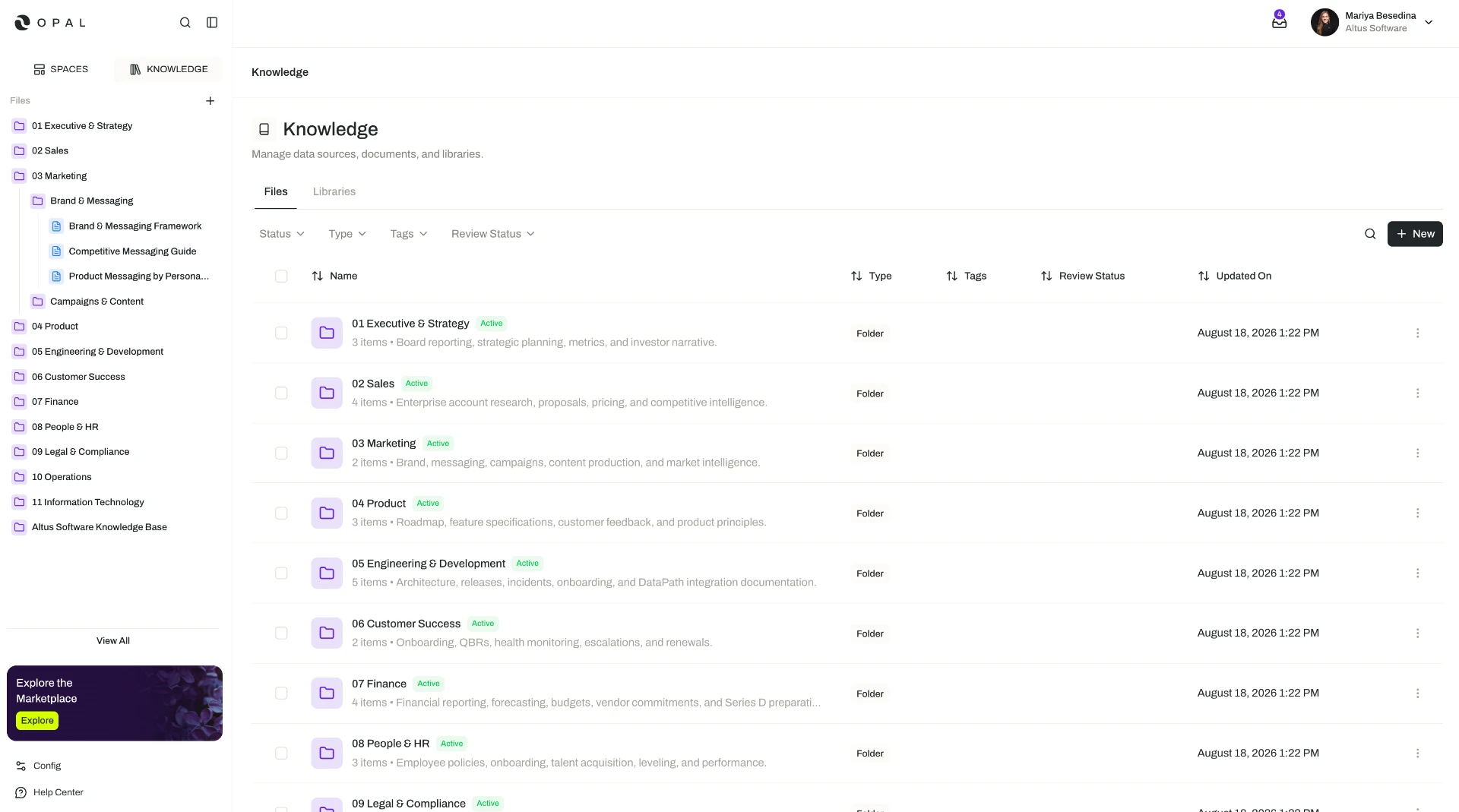 The Knowledge interface showing a folder tree on the left and the files inside the selected Client Delivery folder on the right, each with its type, tags, review status, and last-updated date.