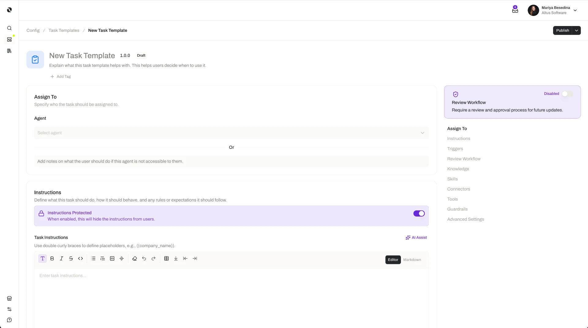 New Task Template editor in the Opal dashboard showing the Assign To selector, the Instructions editor with protected toggle and AI Assist, and the Review Workflow configuration rail